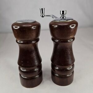 Vintage Wood Pepper Mill and Salt Shaker Set‎ Manual Crank Stainless Steel